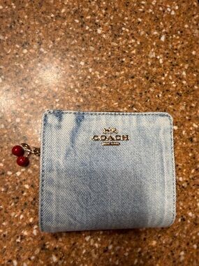 COACH Light Blue Denim Zip Card Holder with Cherry Charm